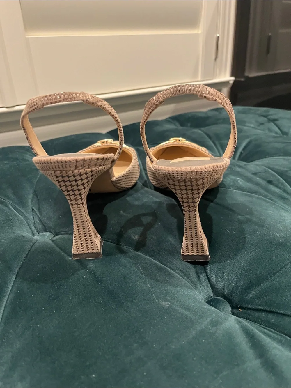 Dolce Vita Taupe Pointed Slingback Heels with Gold Chain Detail